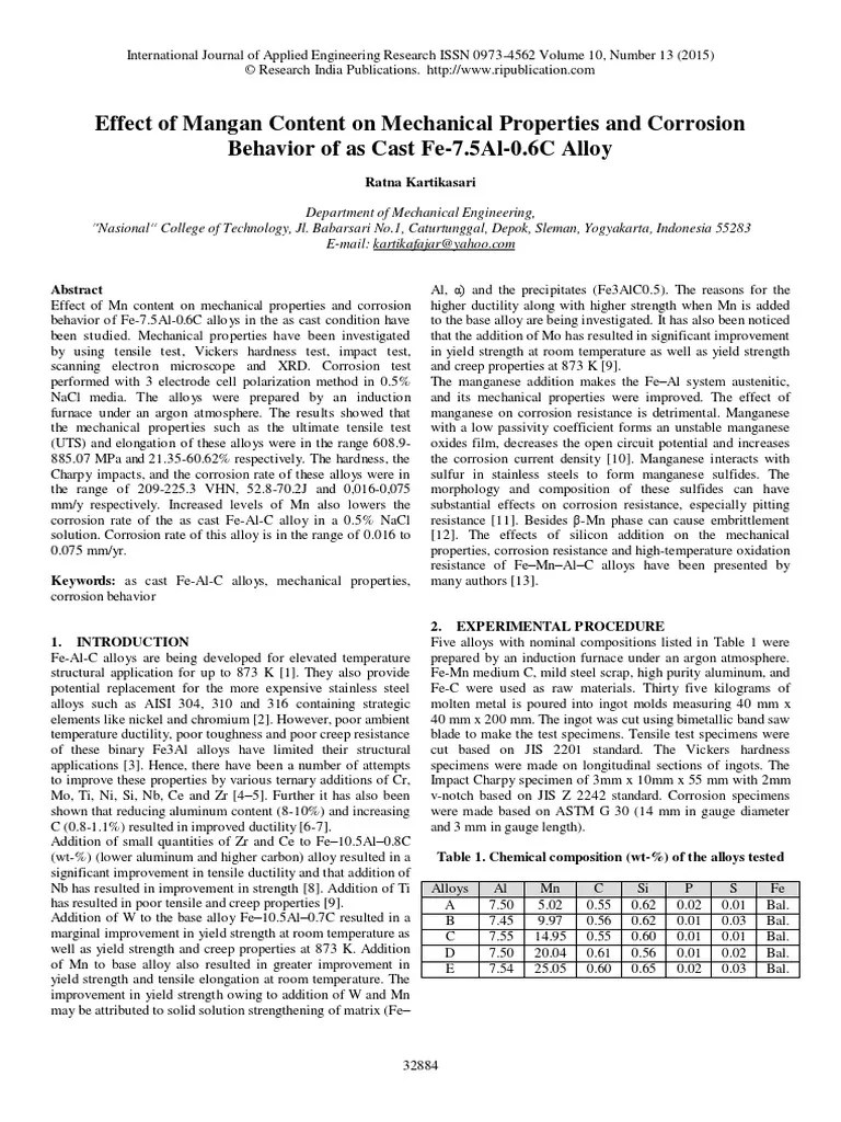 Effect of Mangan Content On Mechanical Properties and Corrosion Behavior of As Cast Fe7.5Al0