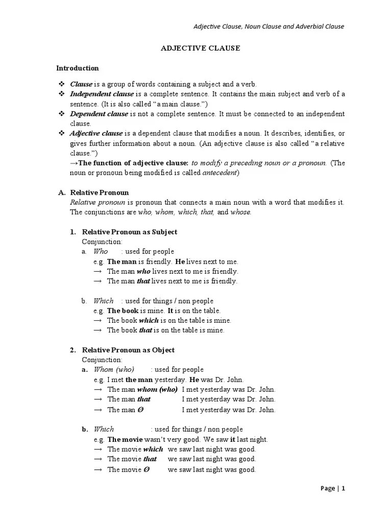 Adjective Clause Noun Clause and Adverbial Clause | PDF | Adverb
