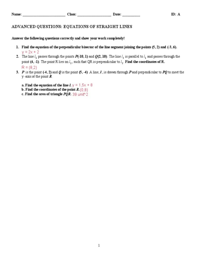 Equations of Straight Lines Solutions to Advanced Questions Involving