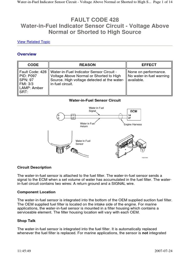 Fault Code 428 WaterinFuel Indicator Sensor Circuit Voltage Above
