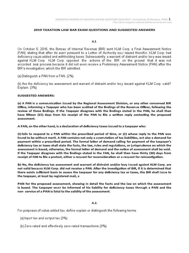 2014 2019 Taxation Law Bar Questions and Answers PDF Value Added