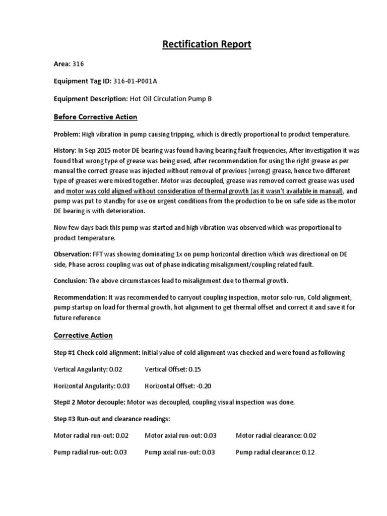 Rectification Report Before Corrective Action PDF Pump Petroleum
