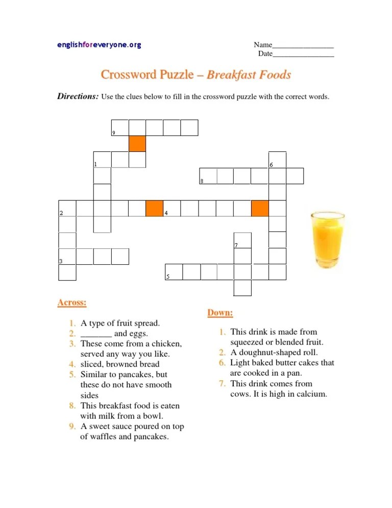 Crossword Puzzle Breakfast Foods