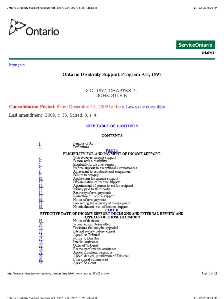Ontario Disability Support Program Act, 1997, S.O. 1997, c. 25, Sched