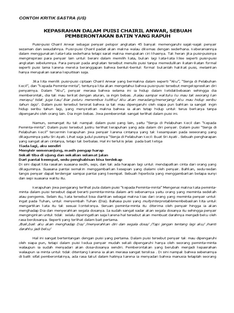 Contoh Kritik Dan Esai Sastra Puisi KT Puisi