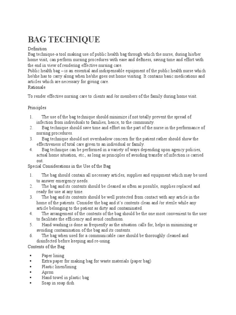 ChecklistBag Technique PDF Hand Washing Patient