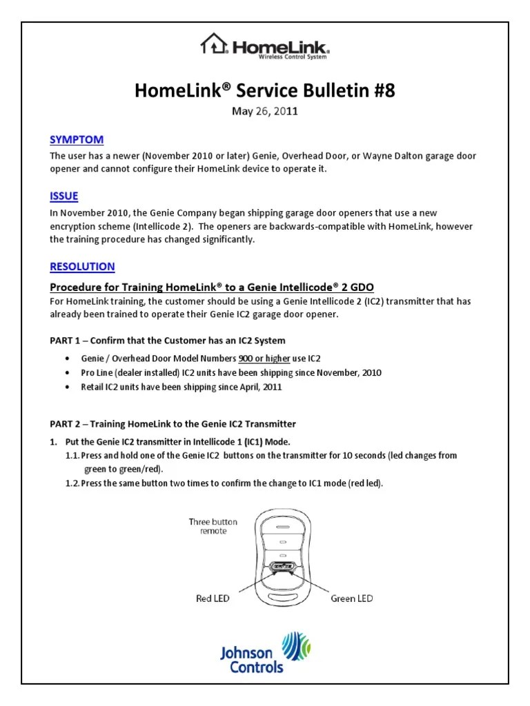 Training HomeLink to Operate Genie Intellicode 2 (IC2) Garage Door