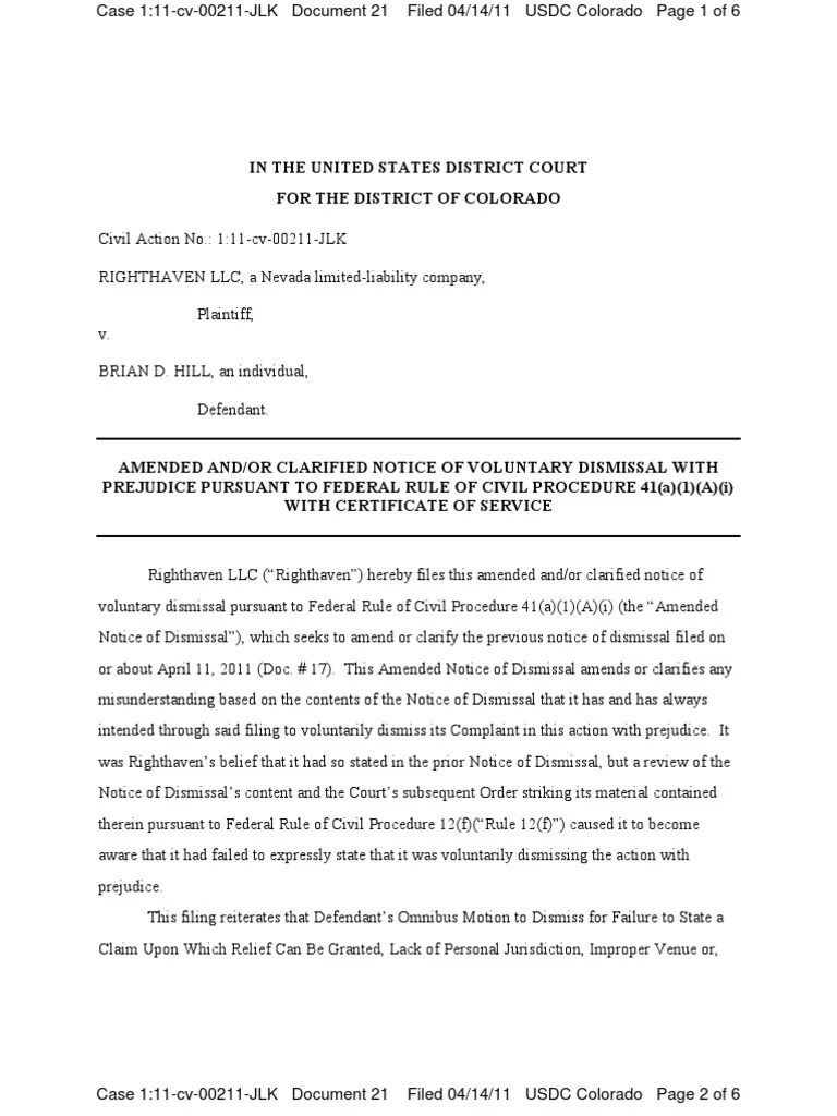 Righthaven’s Amended Notice of Voluntary Dismissal With Prejudice Federal Rules Of Civil