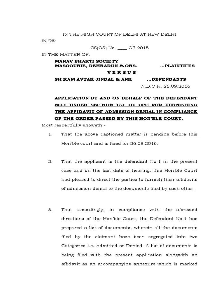 Application for Filing Affidavit of AdmissionDenial in Compliance with