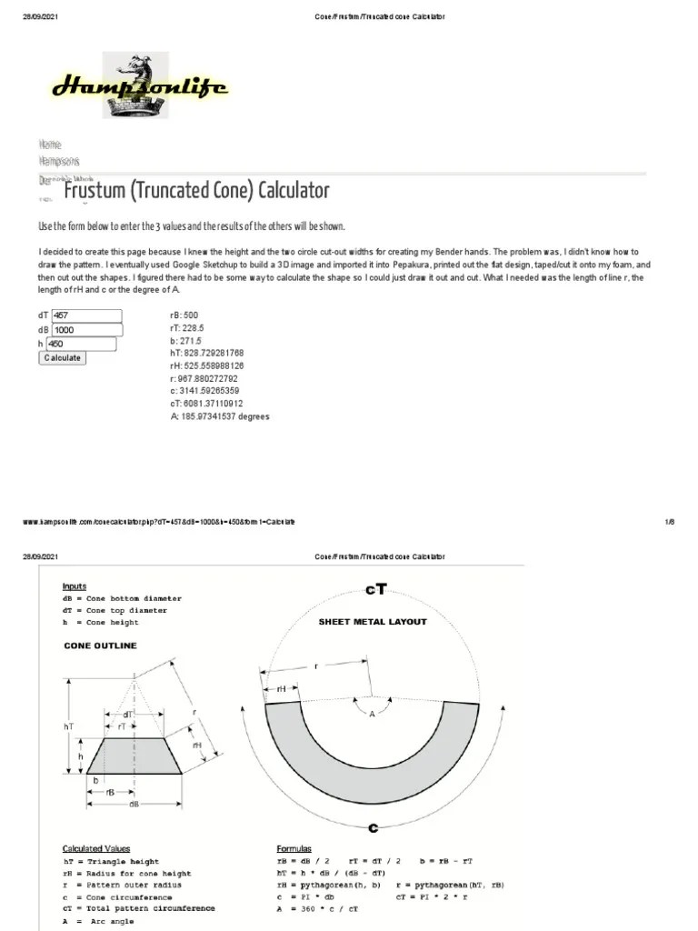 Cone Frustum Truncated Cone Calculator Download Free PDF Circle
