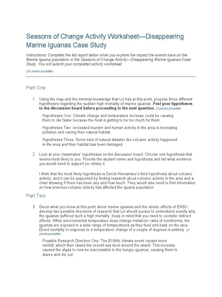 Seasons of Change Activity WorksheetDisappearing Marine Iguanas Case Study PDF El Niño Algae
