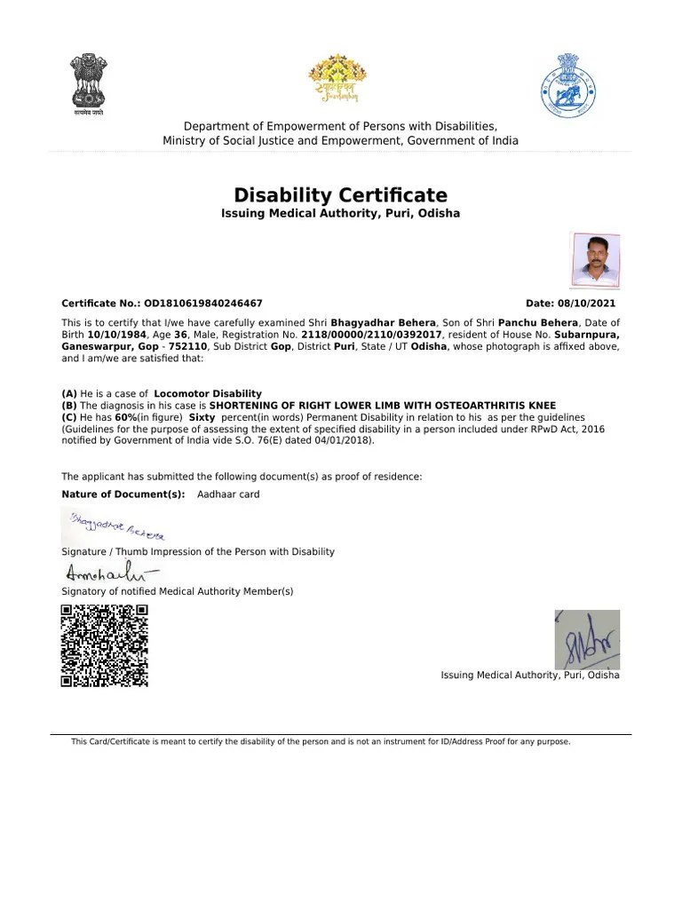 Disability Certificate PDF