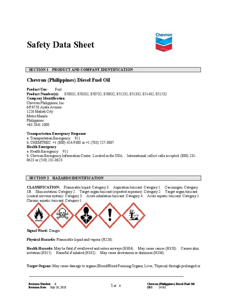 Safety Data Sheet Chevron (Philippines) Diesel Fuel Oil PDF