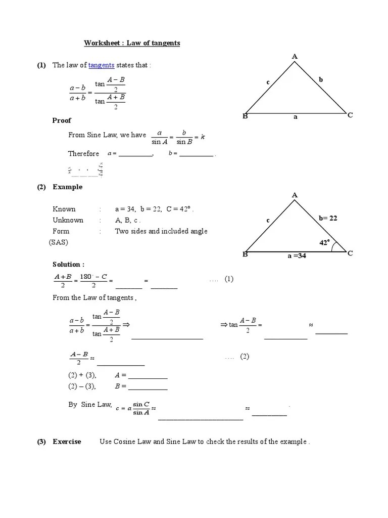 Tangents A Worksheet Law of Tangents (1) The Law of Descargar
