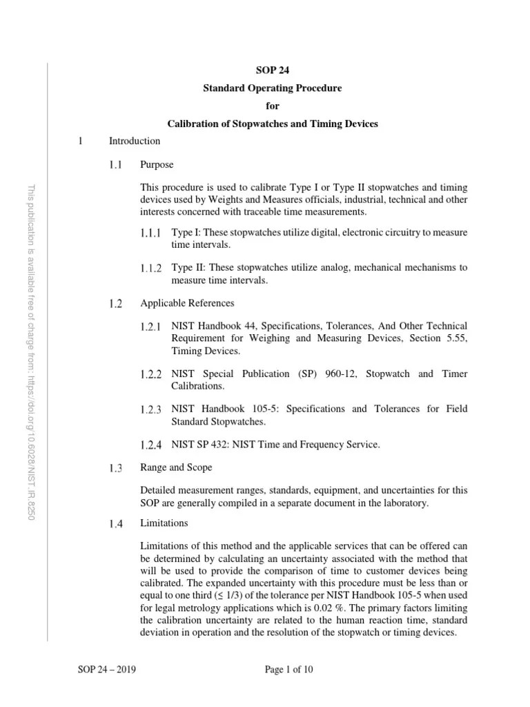 SOP 24 Standard Operating Procedure For Calibration of Stopwatches and