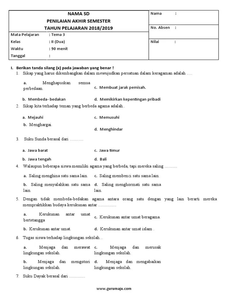 Soal Pas Kelas 2 Tema 3 (Www.gurumaju.com) | PDF