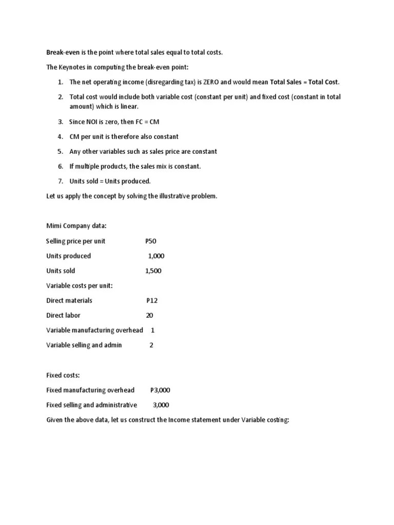 BreakEven Is The Point Where Total Sales Equal To Total Costs PDF