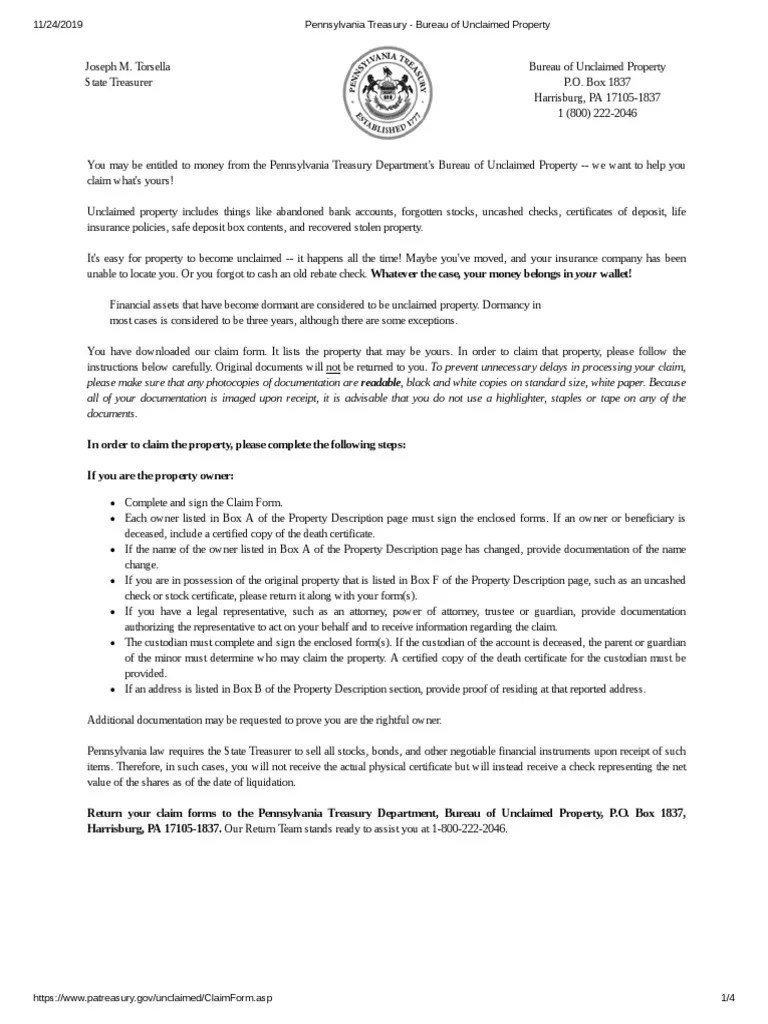 Pennsylvania Treasury Bureau of Unclaimed Property PDF United