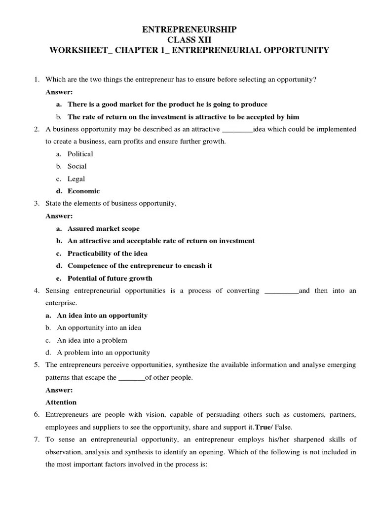 Entrepreneurship Class Xii Worksheet Chapter 1 Entrepreneurial Opportunity PDF