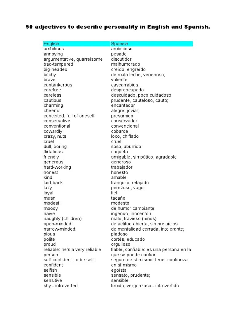 50 Adjectives to describe personality emglishspanish