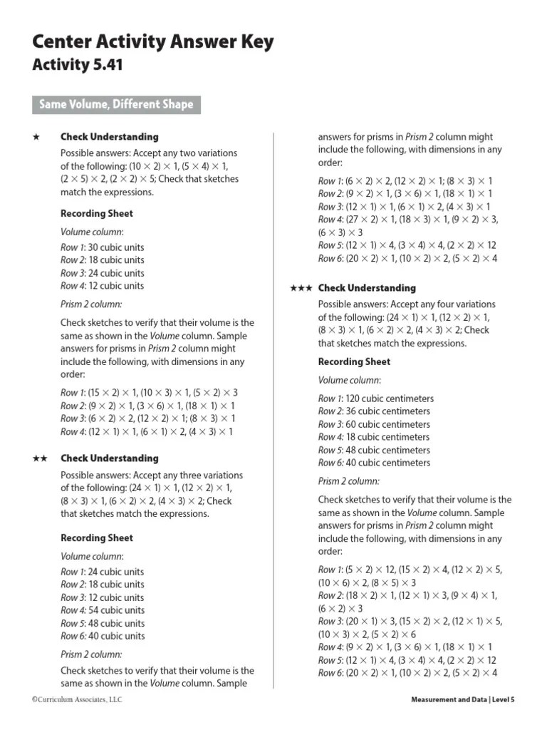 Center Activity Answer Key | PDF | Length | Volume