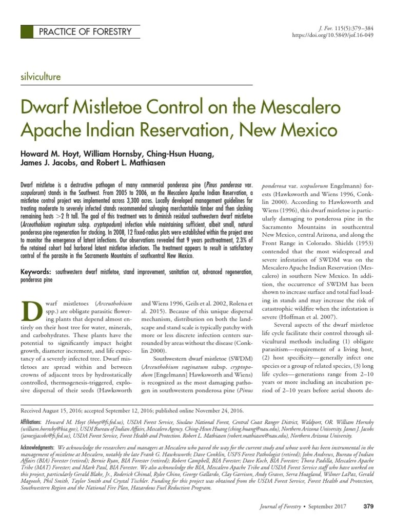 Dwarf Mistletoe Control On The Mescalero Apache Indian Reservation New