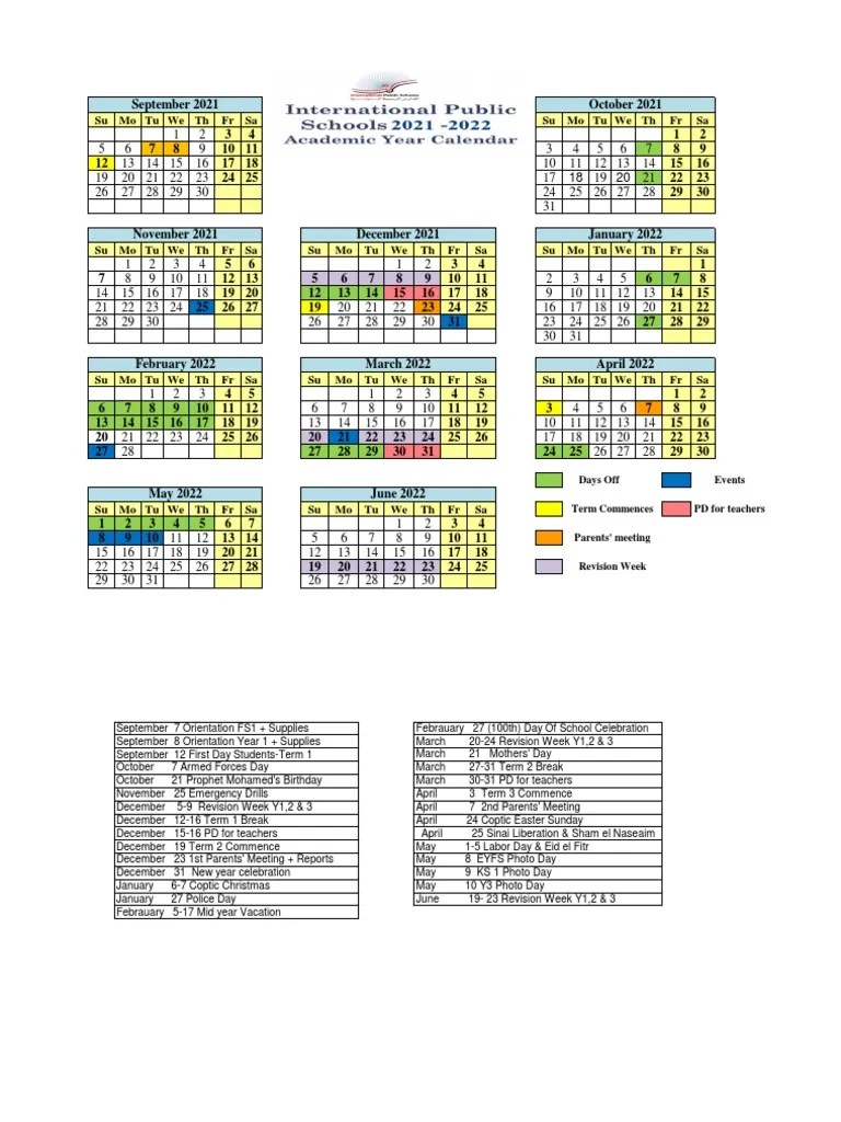School Calendar 20212022 IPS PDF Holidays Observances