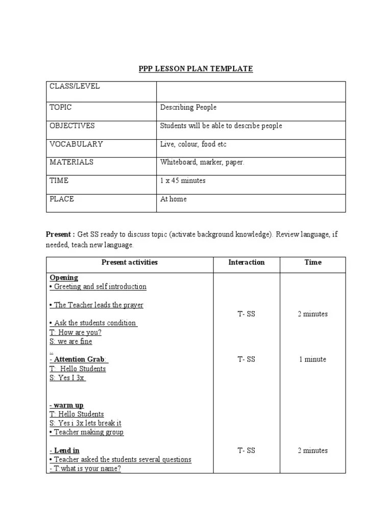 PPP Lesson Plan Template PDF Lesson Plan Cognition
