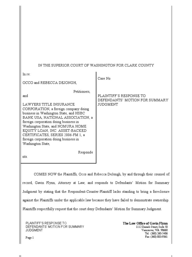 Response To Motion For Summary Judgment PDF Mortgage Law Foreclosure