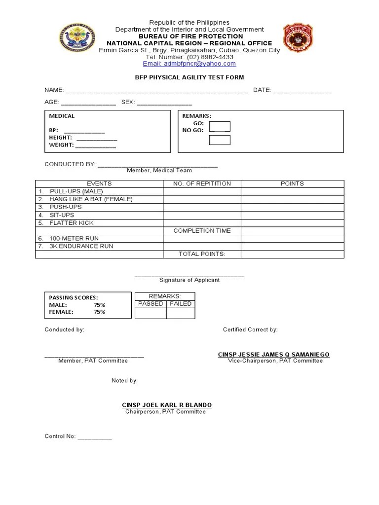 BFP Physical Agility Test Form PDF
