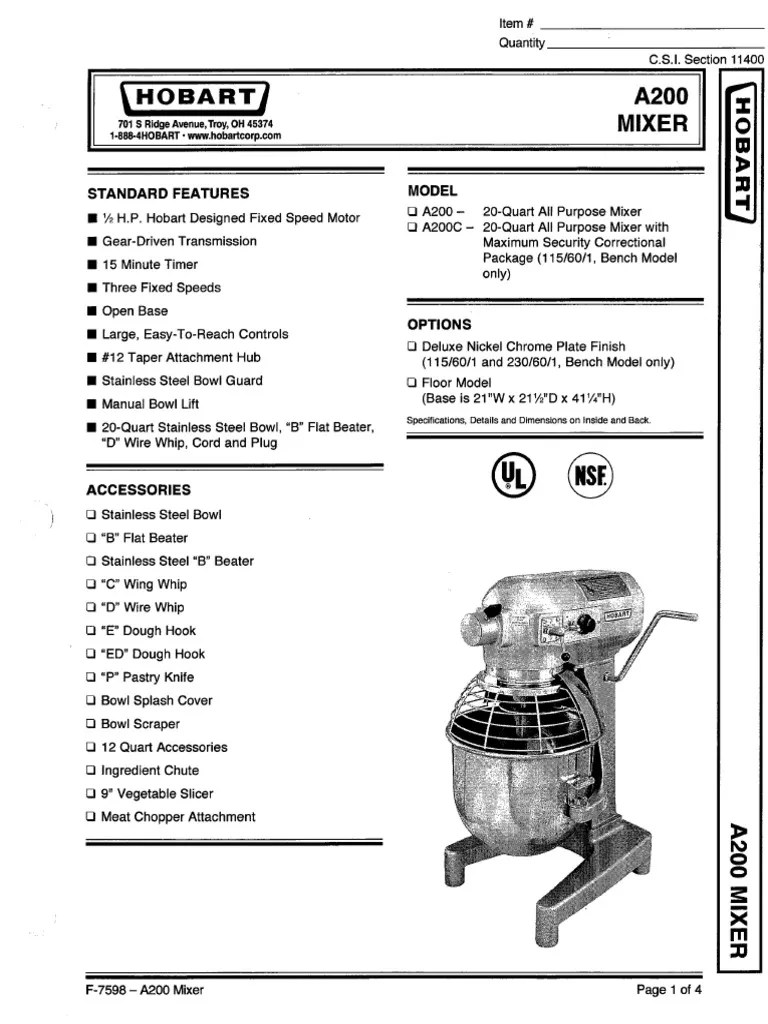 Hobart A200 Mixer Parts List Pdf Reviewmotors.co
