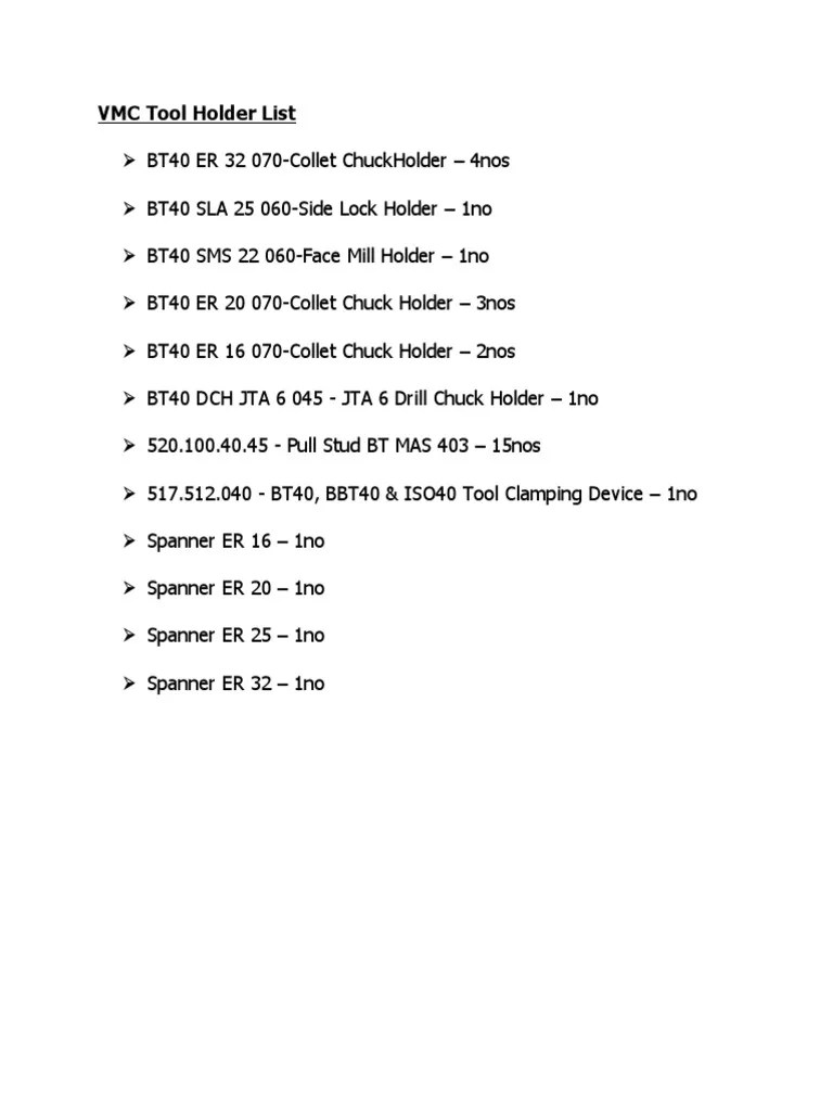 VMC Tool Holder List PDF