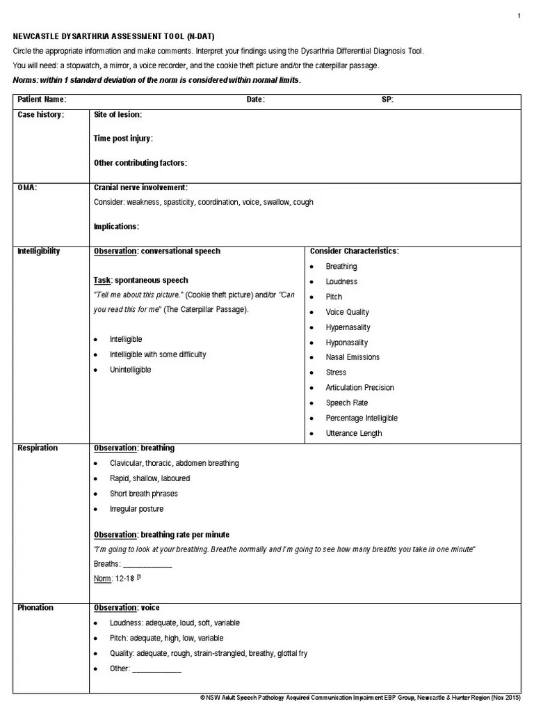 Newcastle Ebp Dysarthria Assessment Tool N Dat Dec 2015 PDF Stress