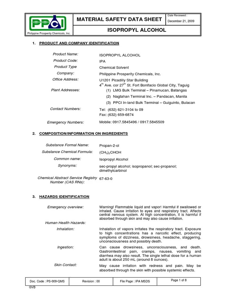 Material Safety Data Sheet Isopropyl Alcohol 1. Product and Company Identification PDF