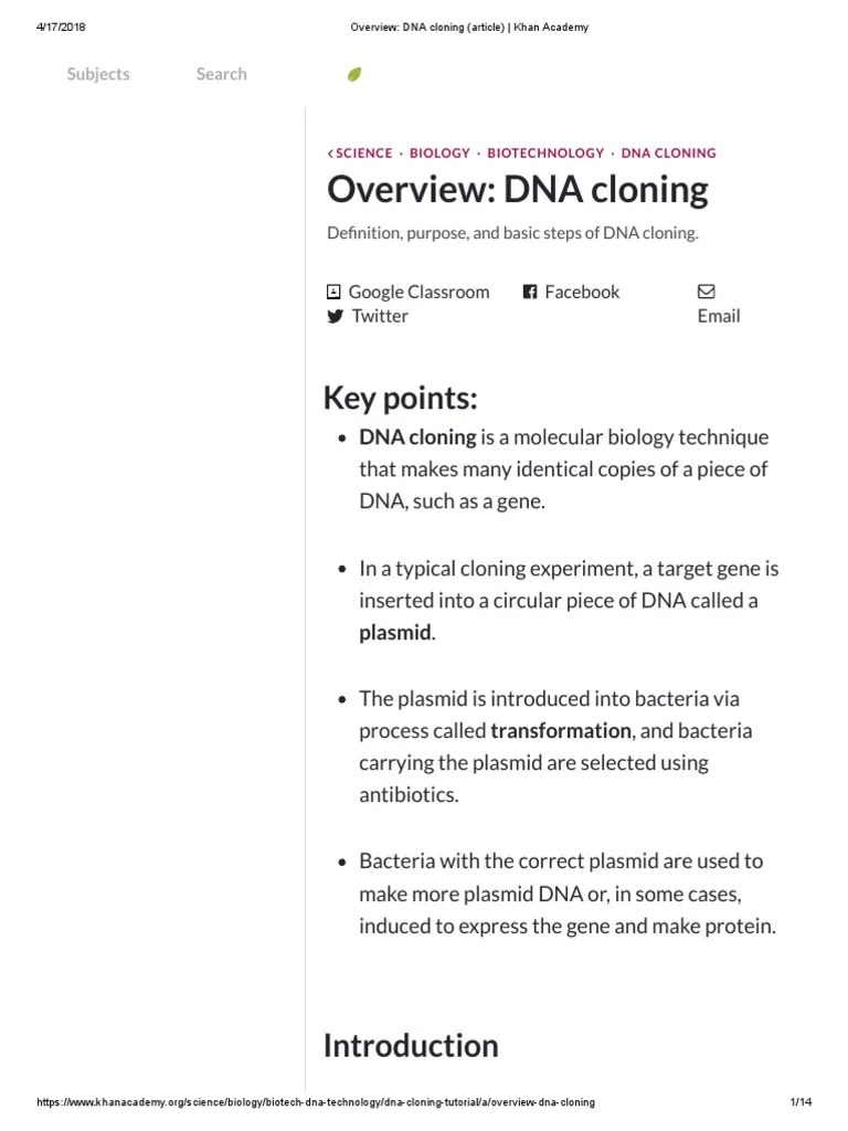 Overview DNA Cloning (Article) Khan Academy PDF Molecular