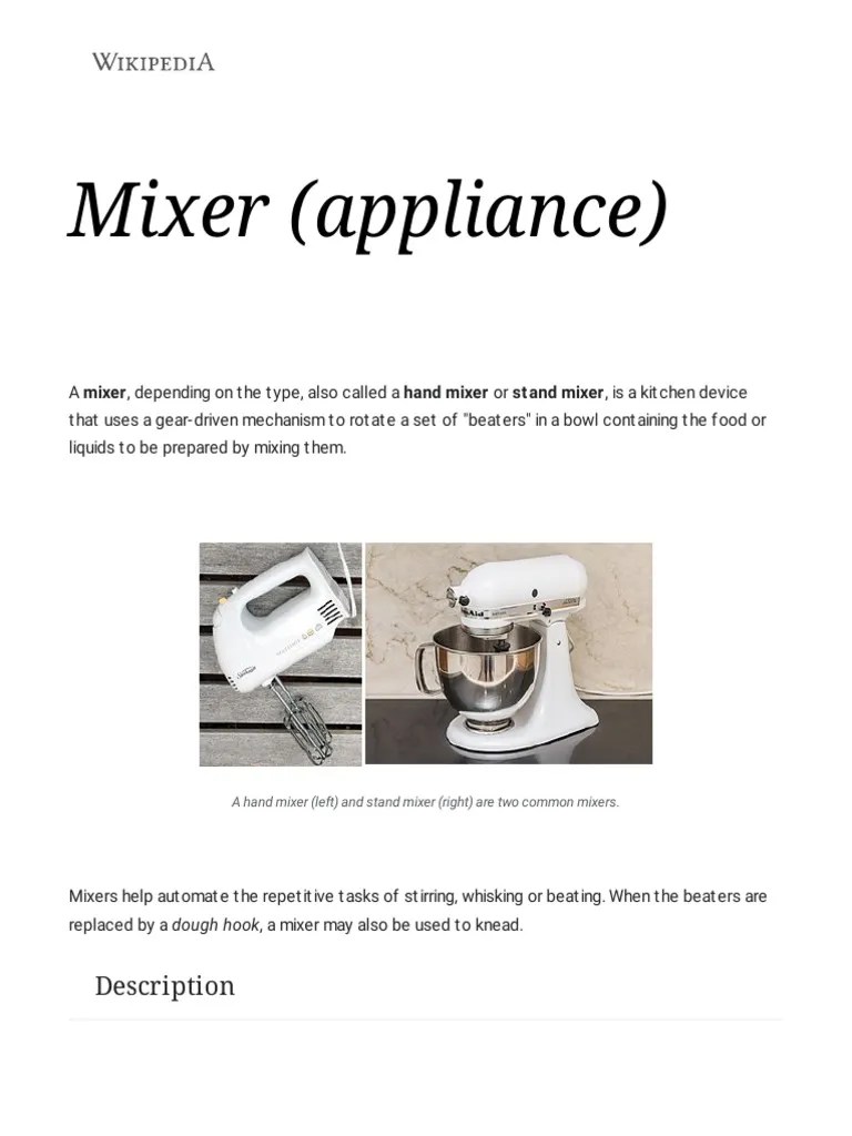 Mixer (Appliance) Wikipedia PDF Kitchen Food Preparation Appliances