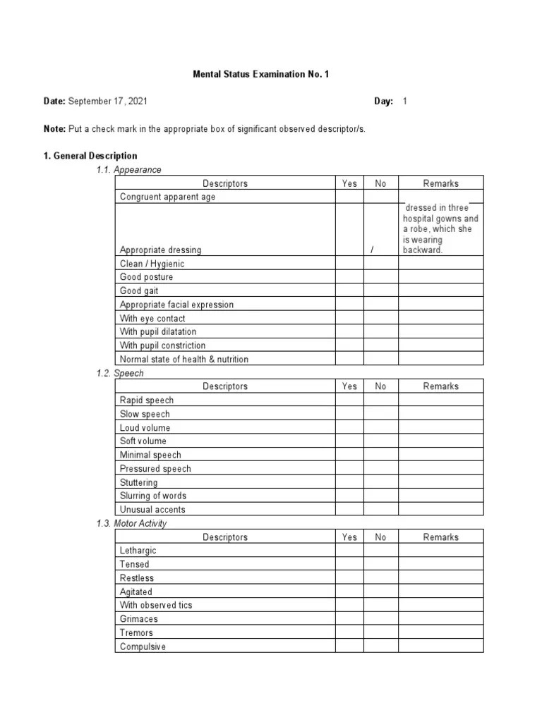 1.1. Appearance Mental Status Examination No. 1 Date September 17