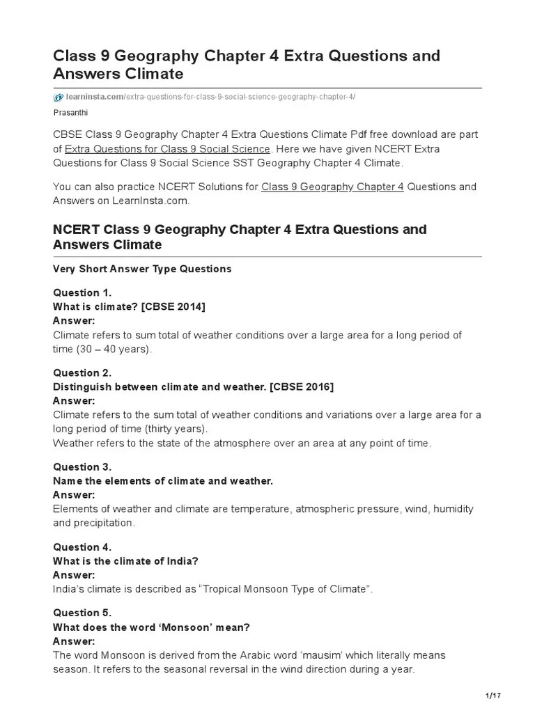 Class 9 Geography Chapter 4 Extra Questions and Answers Climate PDF