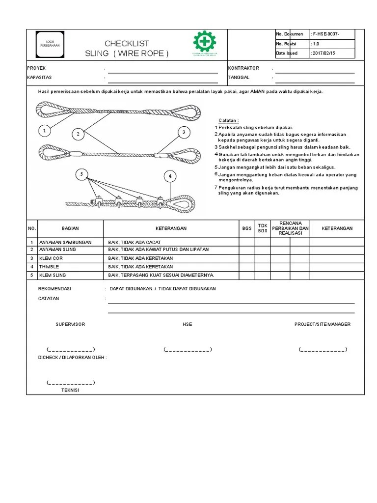 Form Checklist Inspeksi Sling (Wire Rope) PDF