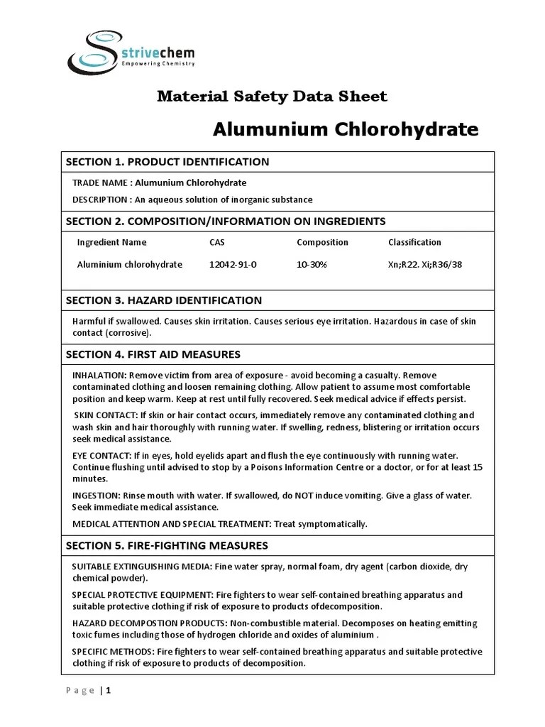 Alumunium Chlorohydrate Material Safety Data Sheet PDF Water