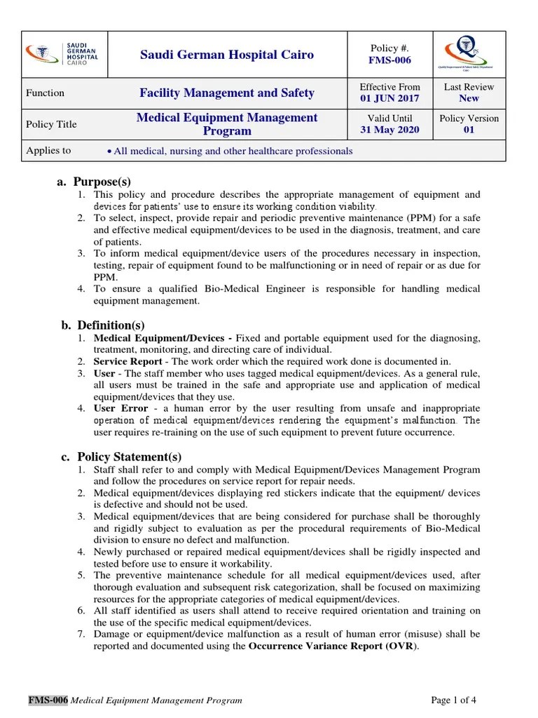 FMS 006Medical Equipment Management Program PDF Medical Device