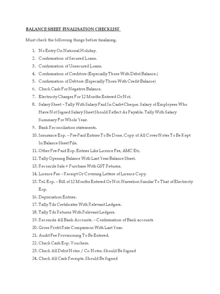 Balance Sheet Finalisation Checklist PDF