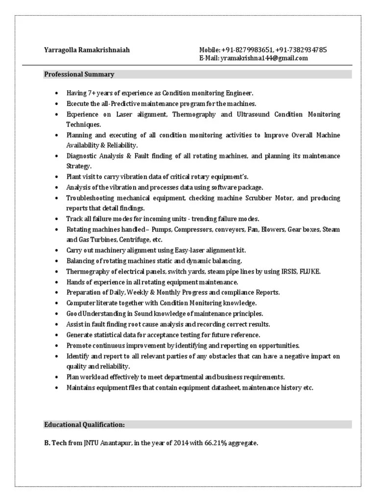 Condition Monitoring Engineer Resume PDF Reliability Engineering