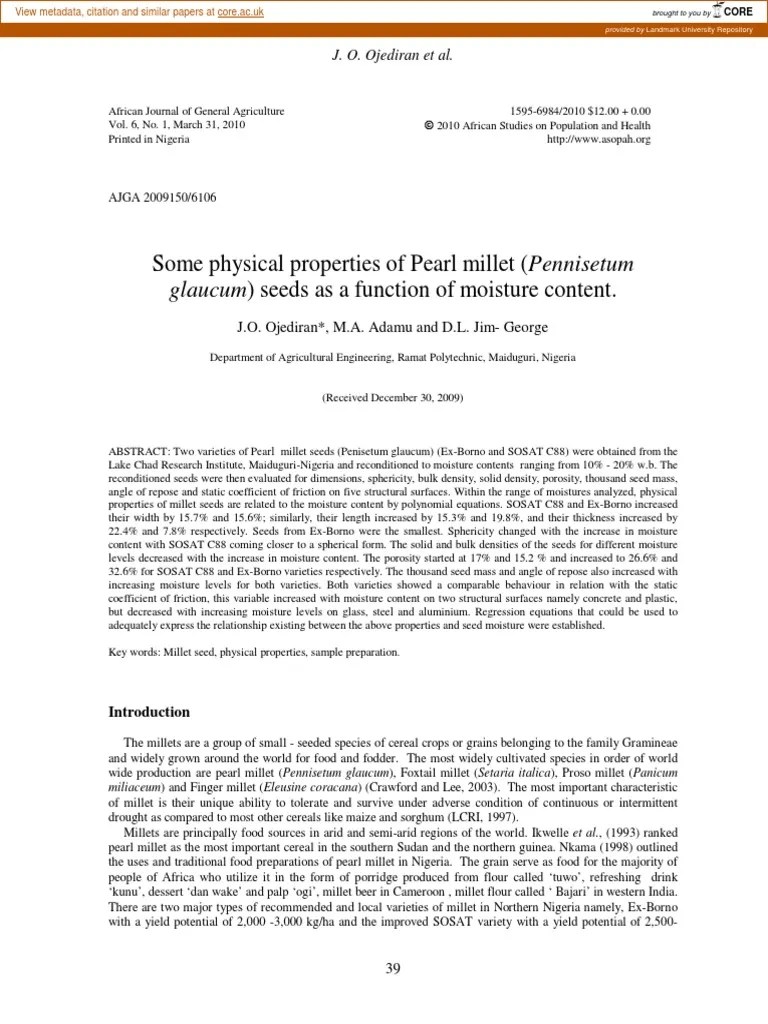 Some Physical Properties of Pearl Millet (Pennisetum) Seeds As A
