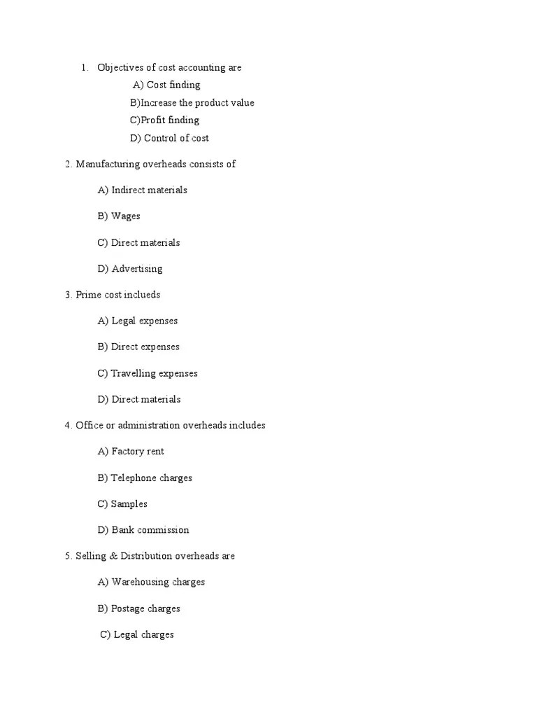 Cost Accounting Multiple Choice Questions and Answers Objectives