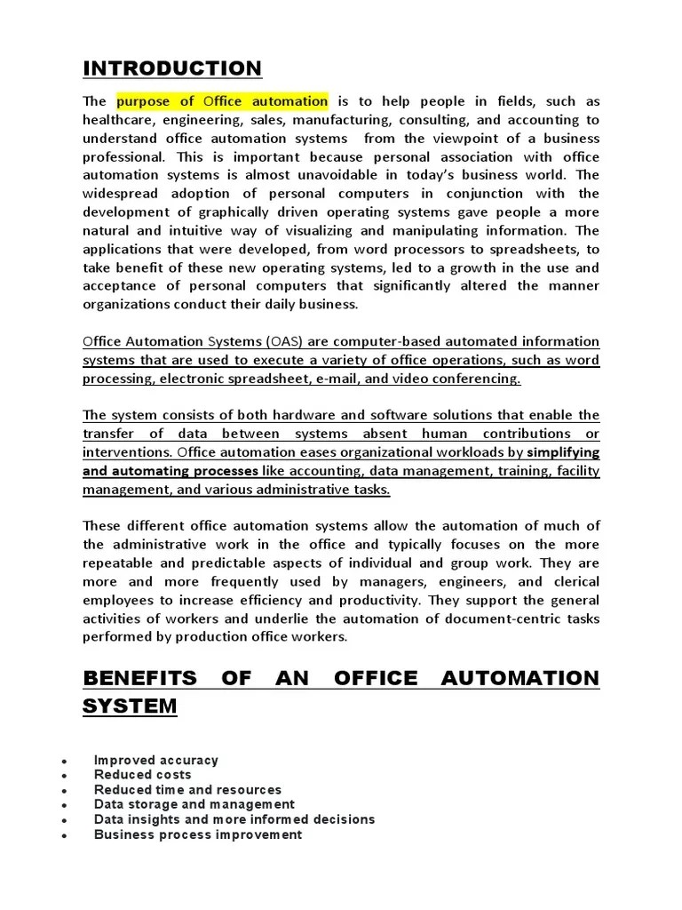 Introduction To Office Automation PDF Automation Personal Computers