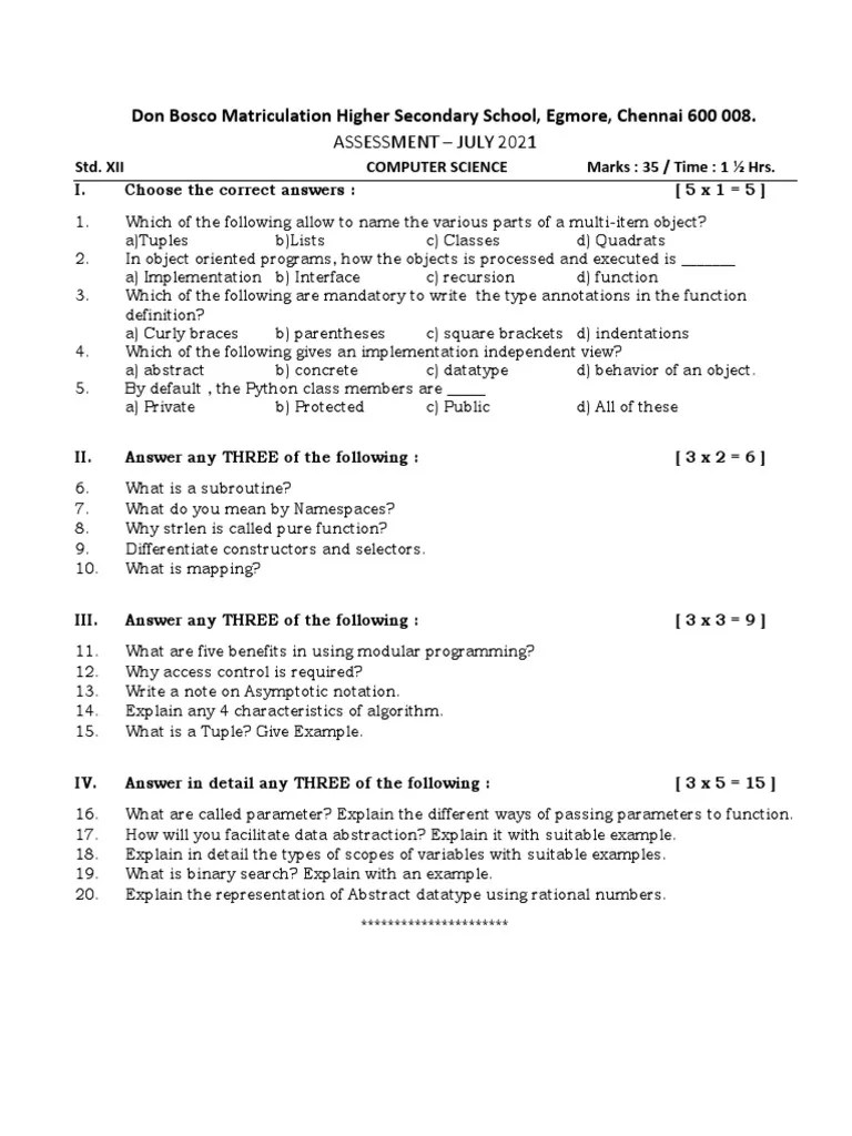 12th Computer Science Test Question Paper PDF