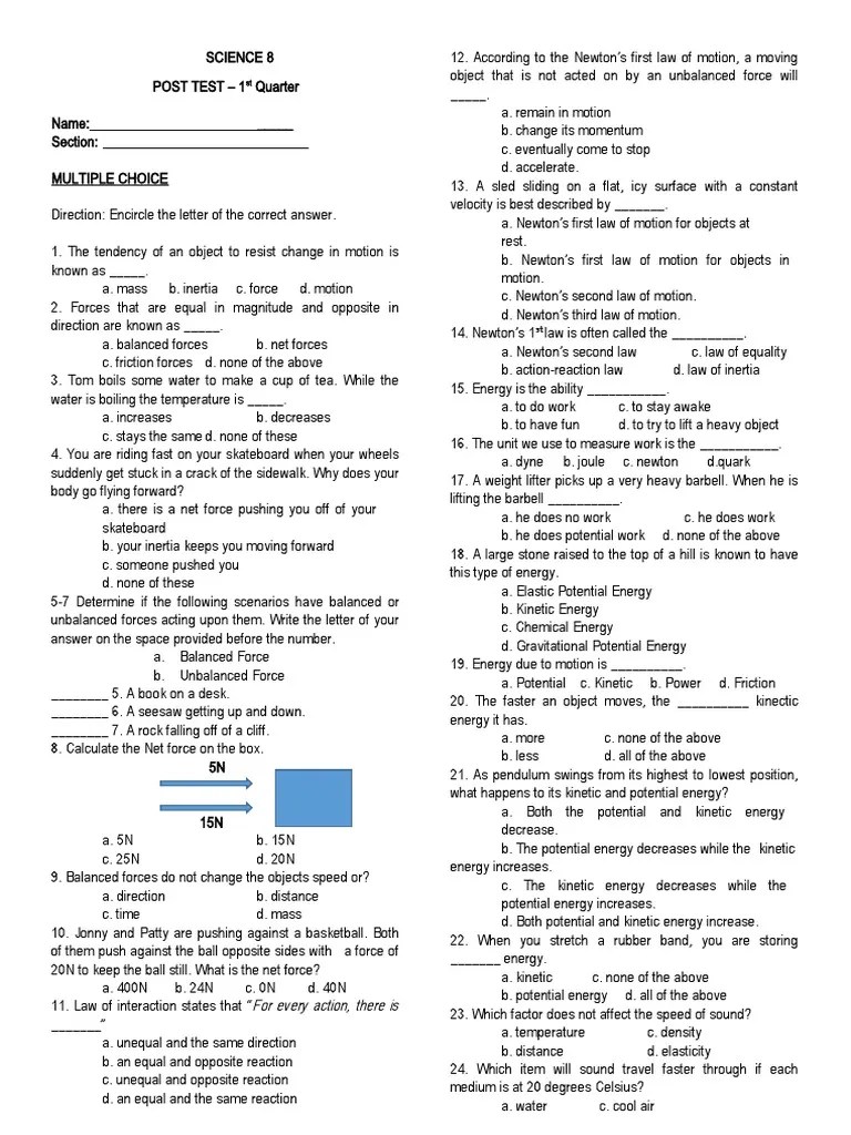 Science8 Pretest 1st Quarter PDF Force Newton's Laws Of Motion(01)