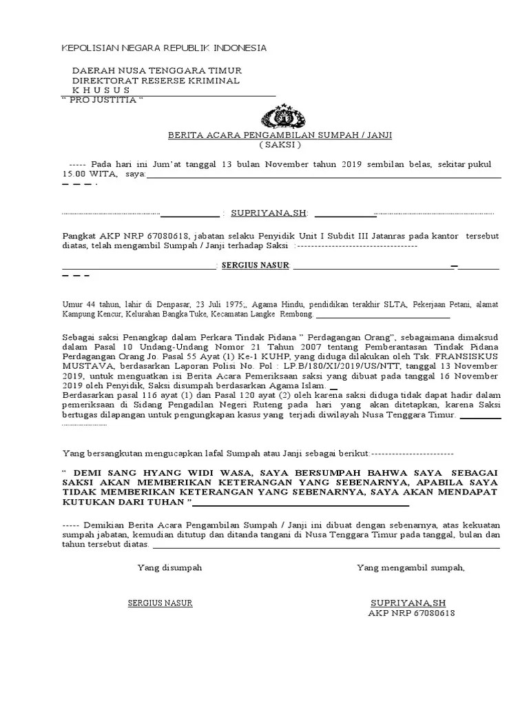Berkas Acara Pengambilan Sumpah Saksi | PDF