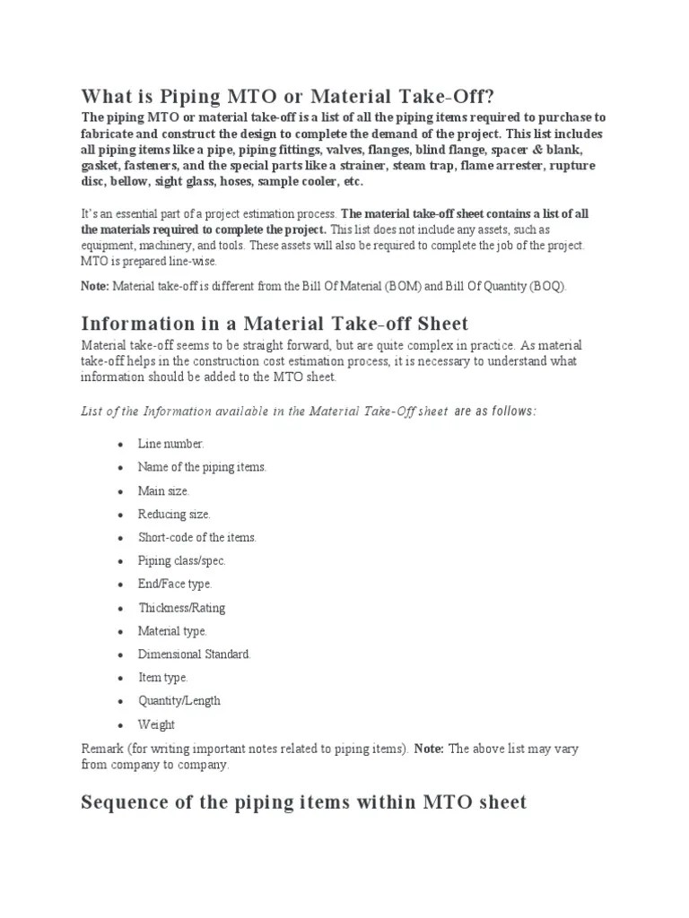 What Is Piping MTO or Material TakeOff Download Free PDF Pipe (Fluid Conveyance